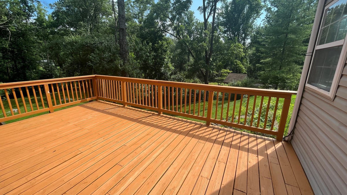 A wooden deck with a set of sliding glass doors providing an unobstructed view of a lush green tree in the near distance