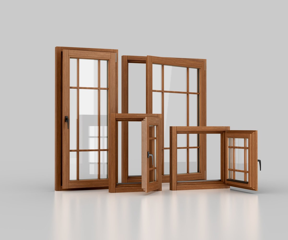 Set Of Four Wooden Framed Windows In Different Sizes With Multiple Glass Panes 3D Illustration
