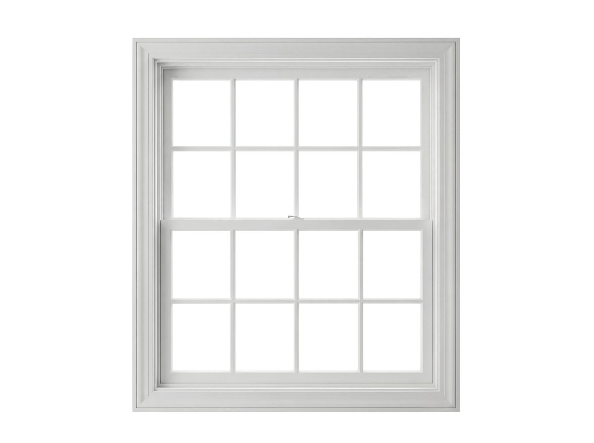 White window frame PNG isolated on transparent background, classic double hung window for architecture and design projects