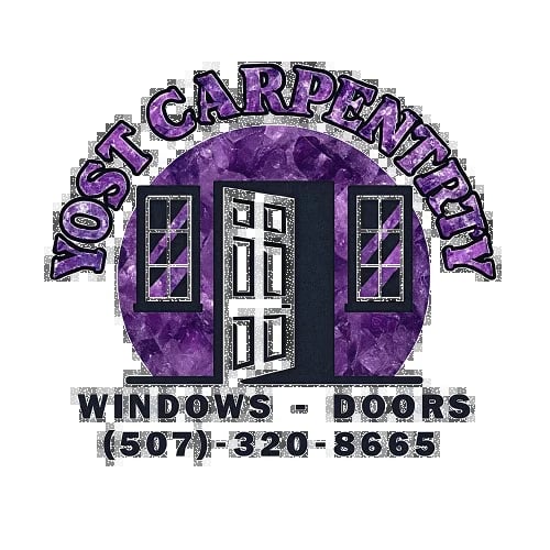 Lost Carpenter Windows and Doors logo featuring purple texture with ornate door and window design